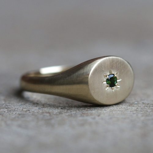 Gold Oval Signet Ring, green tourmaline, 9ct yellow gold