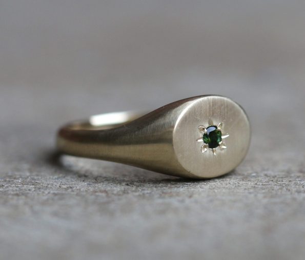 Gold Oval Signet Ring, green tourmaline, 9ct yellow gold