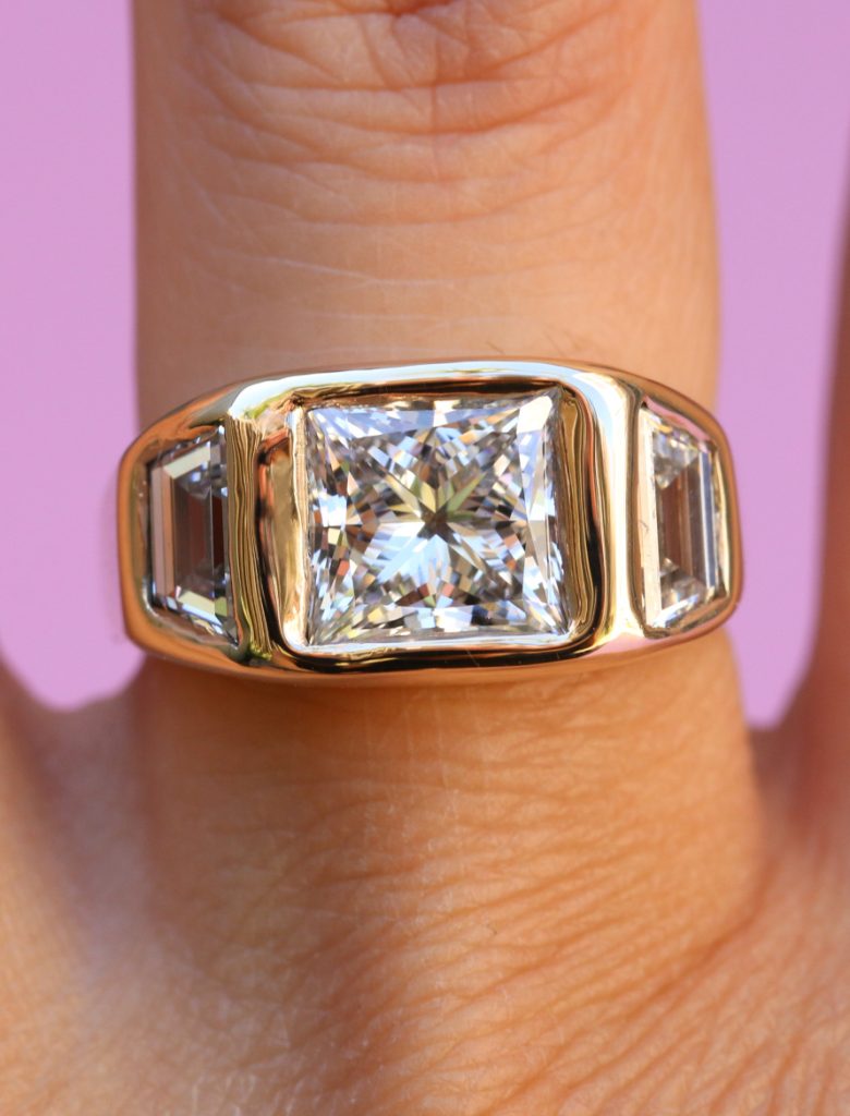 gold engagement ring with 3ct princess cut diamond