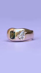 yellow gold engagement ring with australian sapphire and lab grown diamond